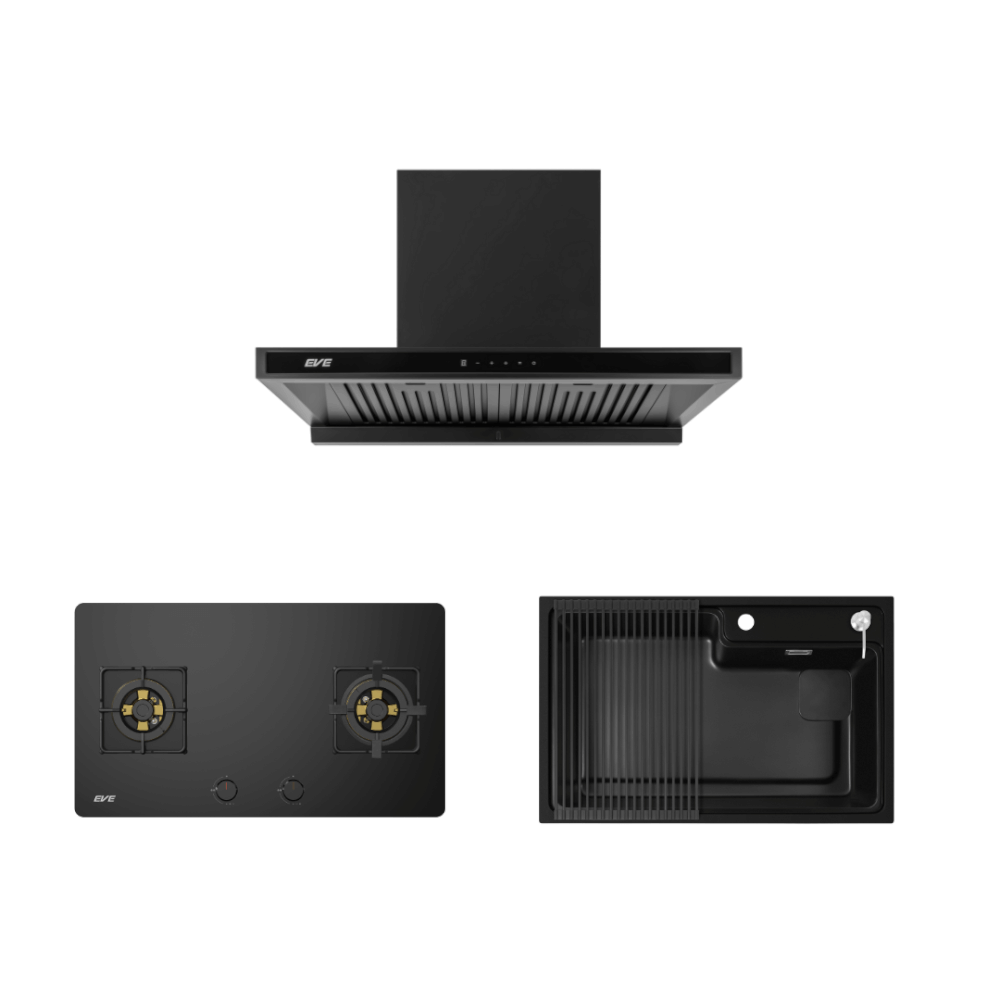 ชุดเซ็ทเครื่องดูดควันติดผนัง EVE HC-MAXIMUS-90 ขนาด 90 ซม. + เตาแก๊ส 2 หัว HB78-2BBTA/BG + อ่างล้างจานหินแกรนิต PHILIP 780/520 BLACK สีดำ